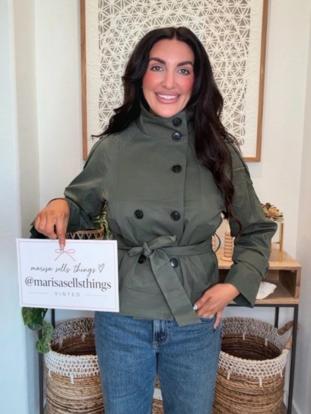 Womens Olive Green Double-Breasted Belted Jacket